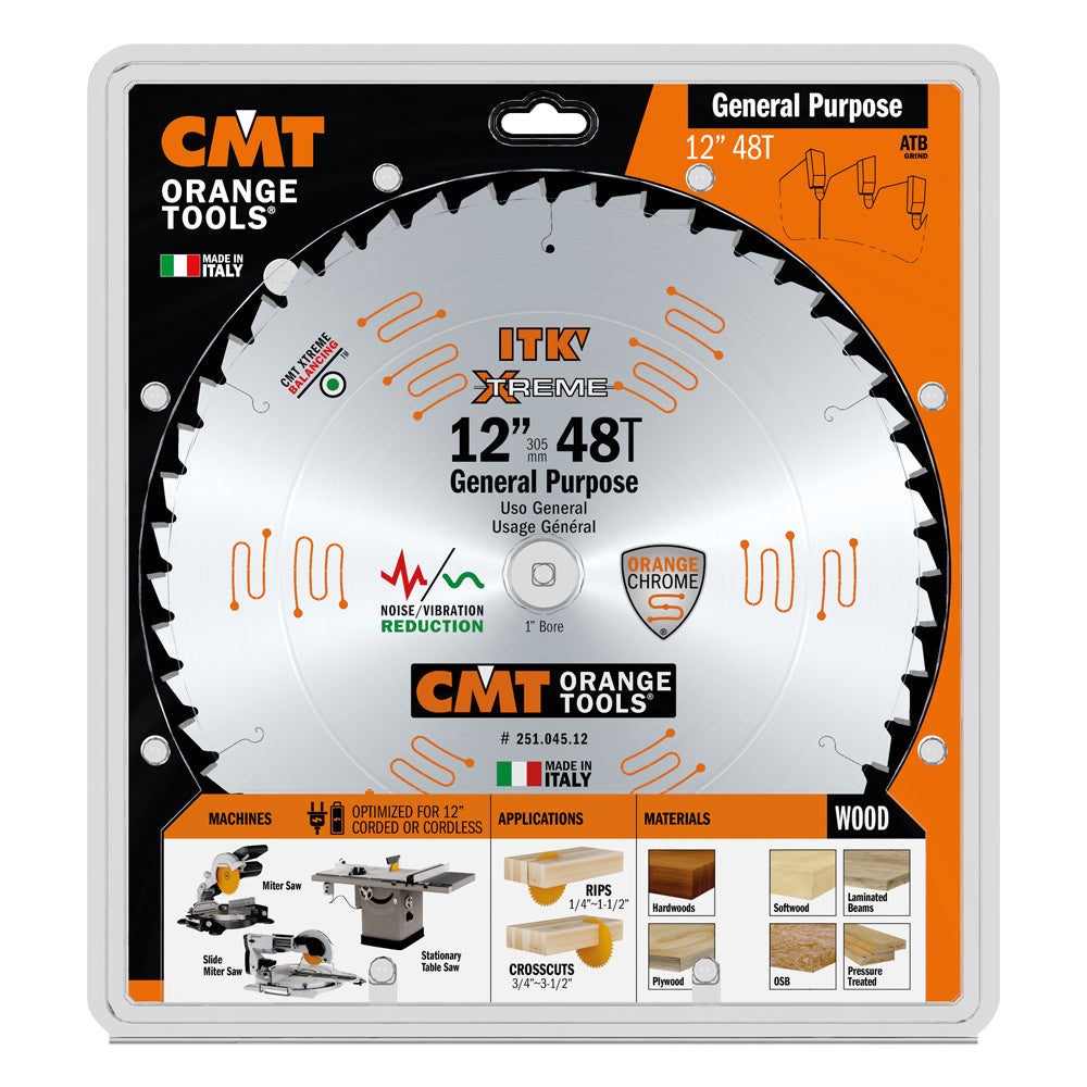 CMT, CMT 251.045.12 ITK GENERAL PURPOSE SAW BLADE, 12-INCH X 45 TEETH 1FTG+2ATB GRIND WITH 1-INCH BORE