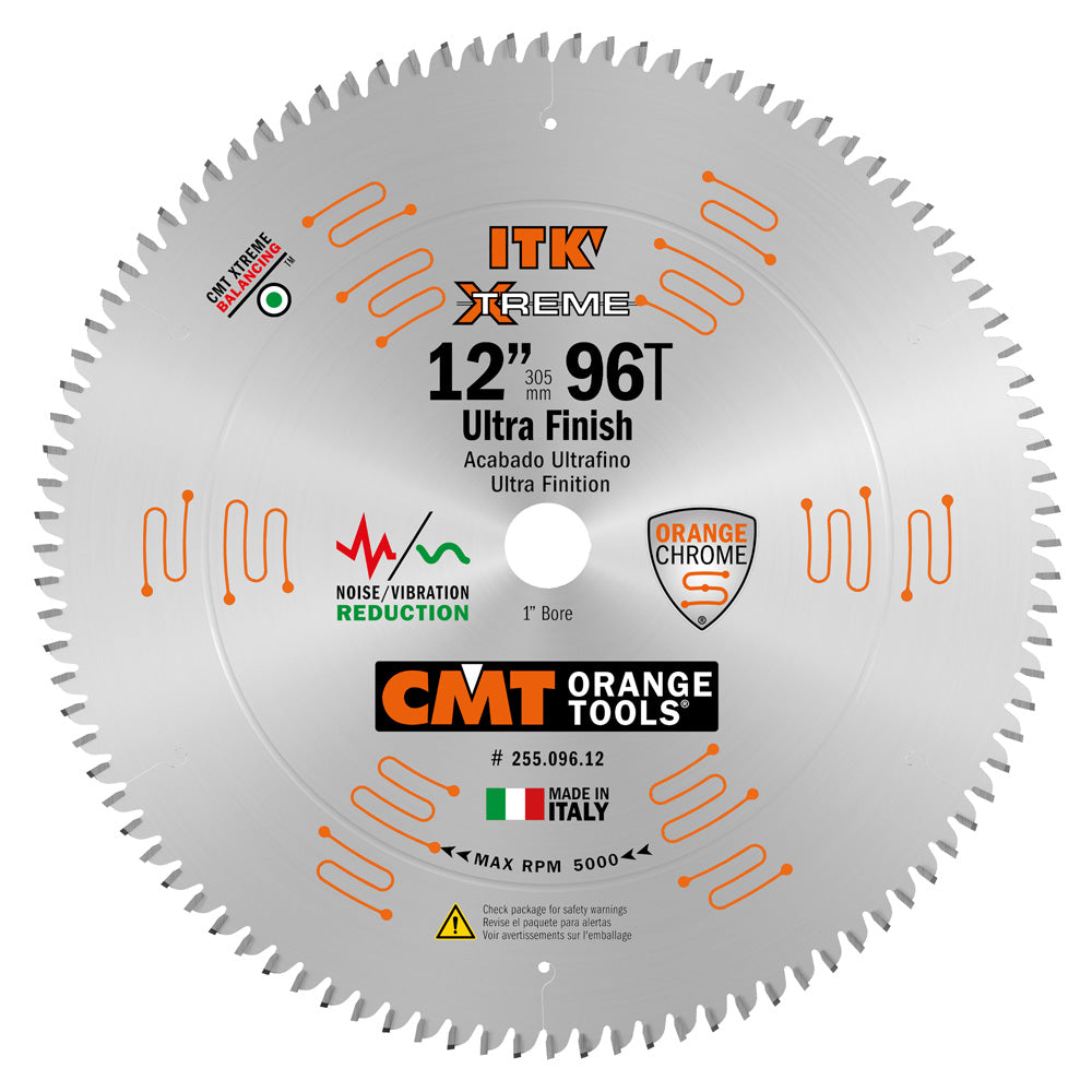 CMT, CMT 255.096.12 ITK INDUSTRIAL FINE FINISH SAW BLADE, 12-INCH X 96 TEETH 40° ATB GRIND WITH 1-INCH BORE