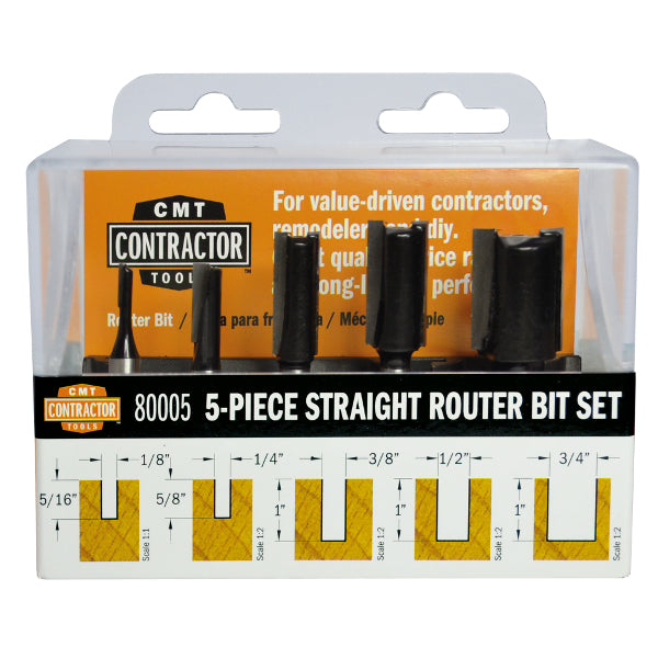 CMT, CMT 80005 - 5-PC Set Straight Router Bit Set - S=1/4" - 1/8",1/4",3/8",1/2",3/4"