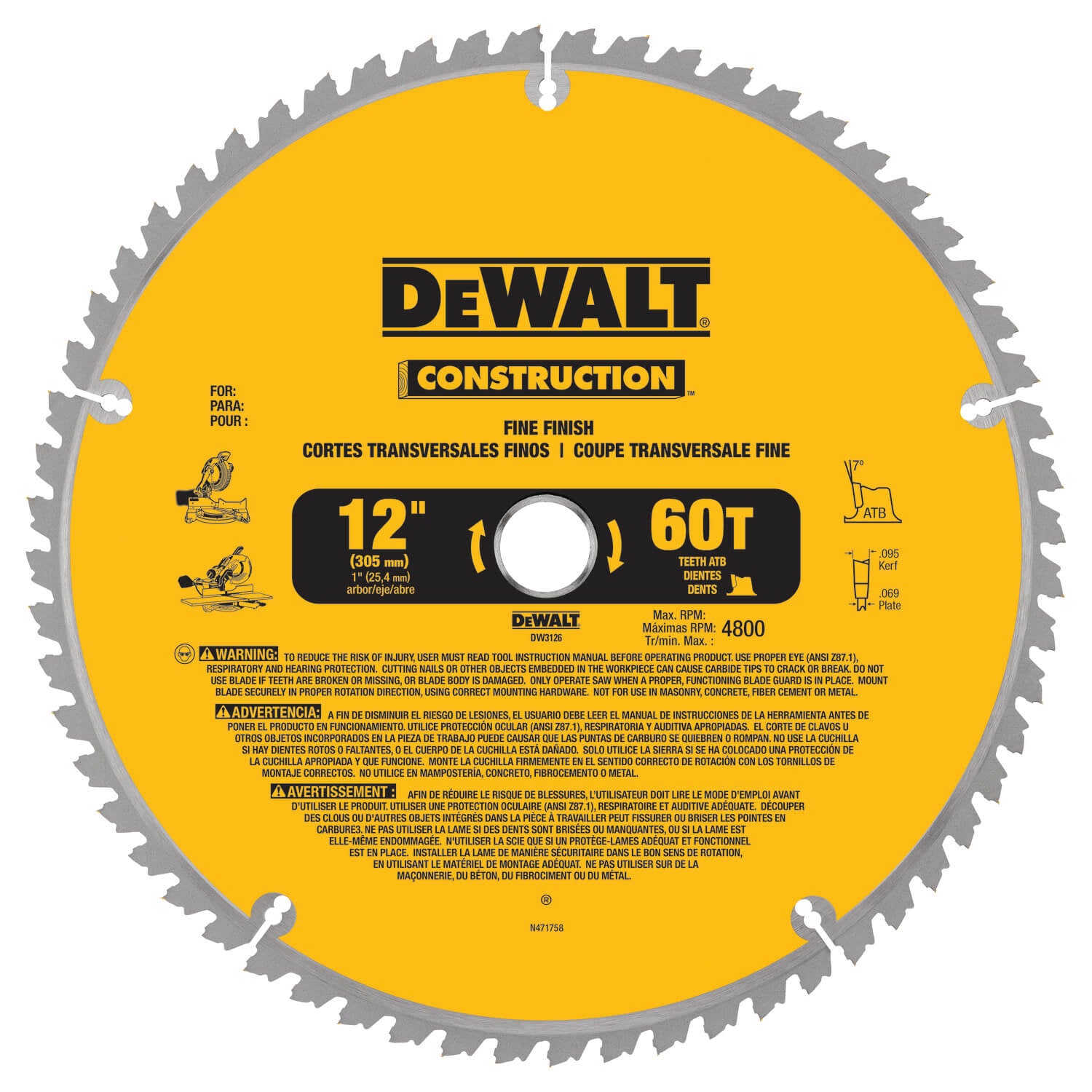 DEWALT, DEWALT DW3126 Series 20 12-Inch 60 Tooth ATB Thin Kerf Crosscutting Miter Saw Blade with 1-Inch Arbor