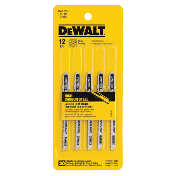 DEWALT, DEWALT DW3765H - 3" 12TPI Trim/Coping HCS T-Shank Jig Saw Blade (5-Pack)