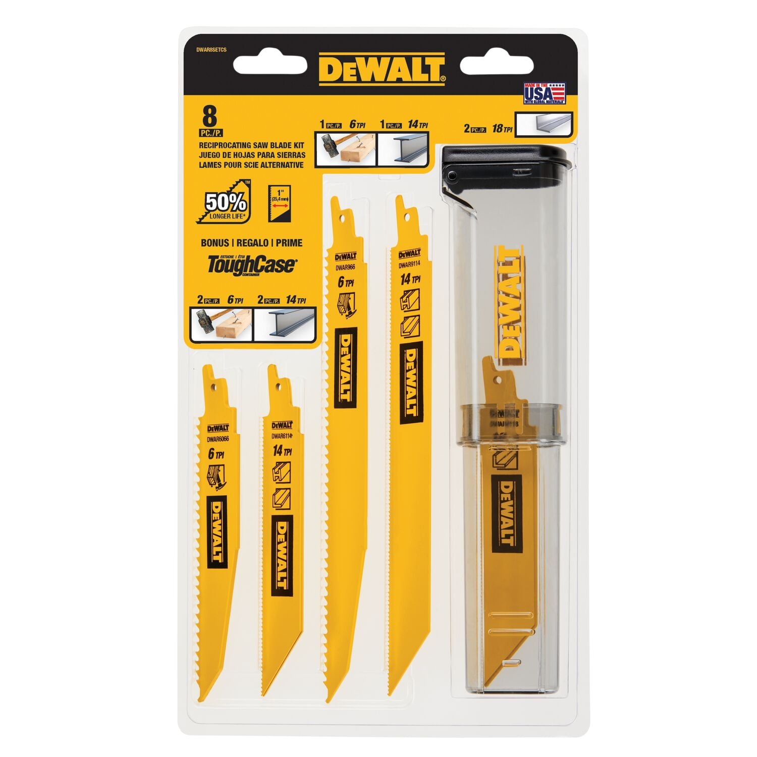 DEWALT, DEWALT DWAR8SETCS Assorted TPI Bi-Metal Reciprocating Saw Blade Set for Wood, Metal, 8-pc