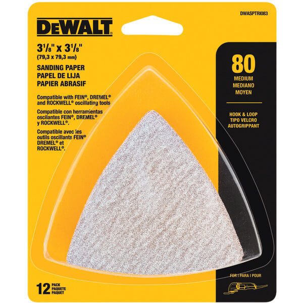 DEWALT, DEWALT DWASPTRI083 Hook and Loop Triangle 80 Grit Sandpaper, 12-Pack