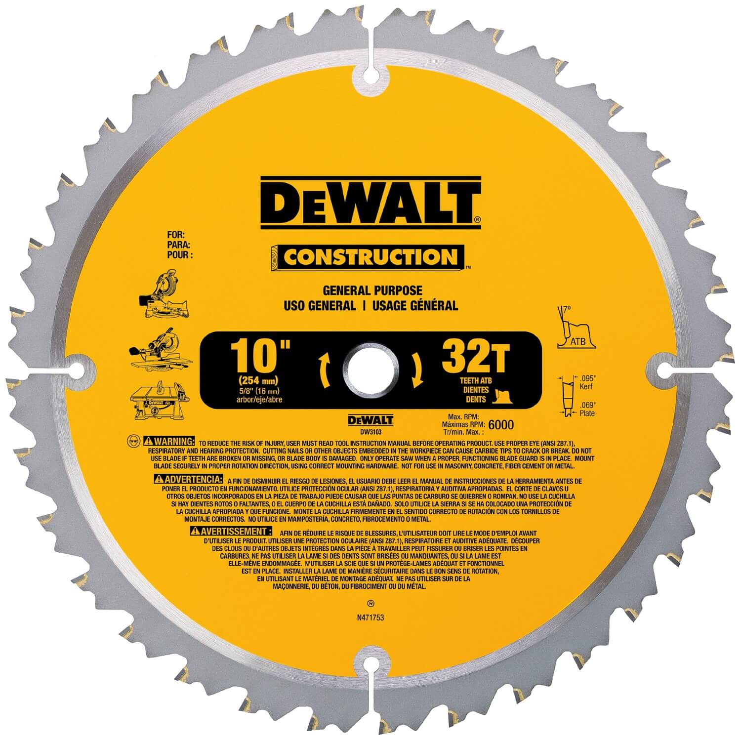 DEWALT, DeWalt DW3103 General Purpose 10" 32 Tooth Blade