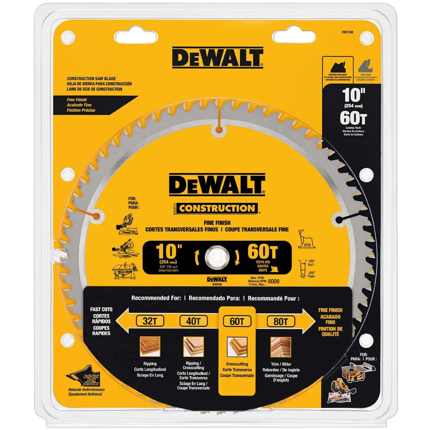 DEWALT, DeWalt DW3106 10'' 60T Fine Crosscut Saw Blade