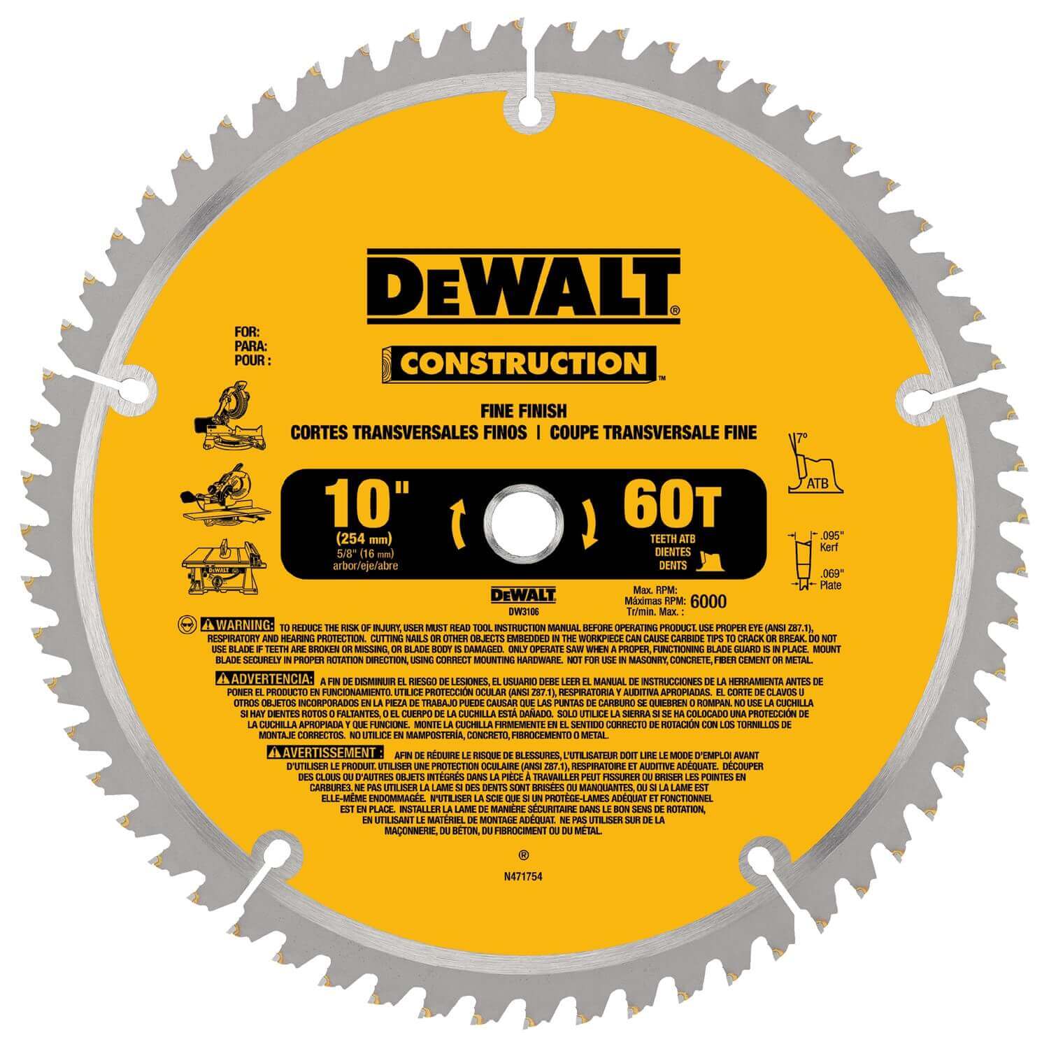 DEWALT, DeWalt DW3106 10'' 60T Fine Crosscut Saw Blade