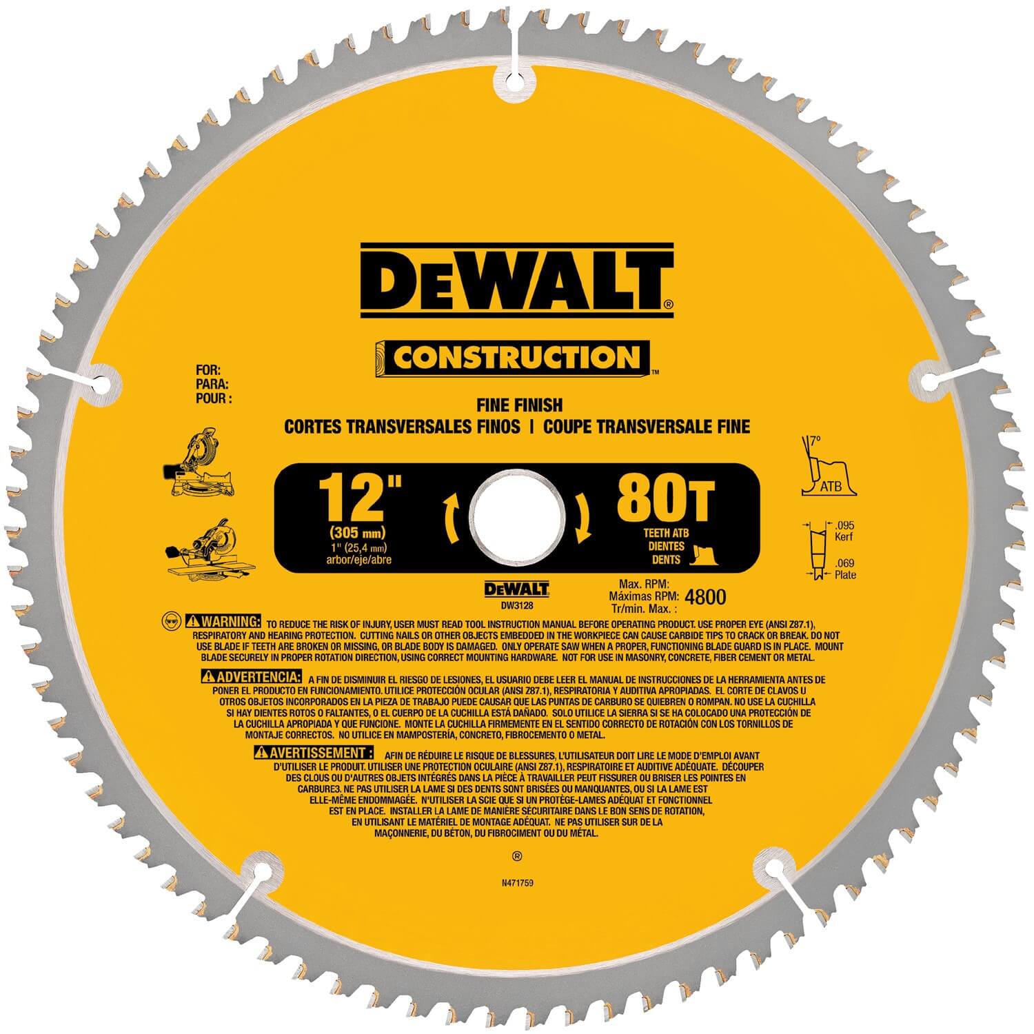 DEWALT, DeWalt DW3128 12" 80T Fine Finish Saw Blade