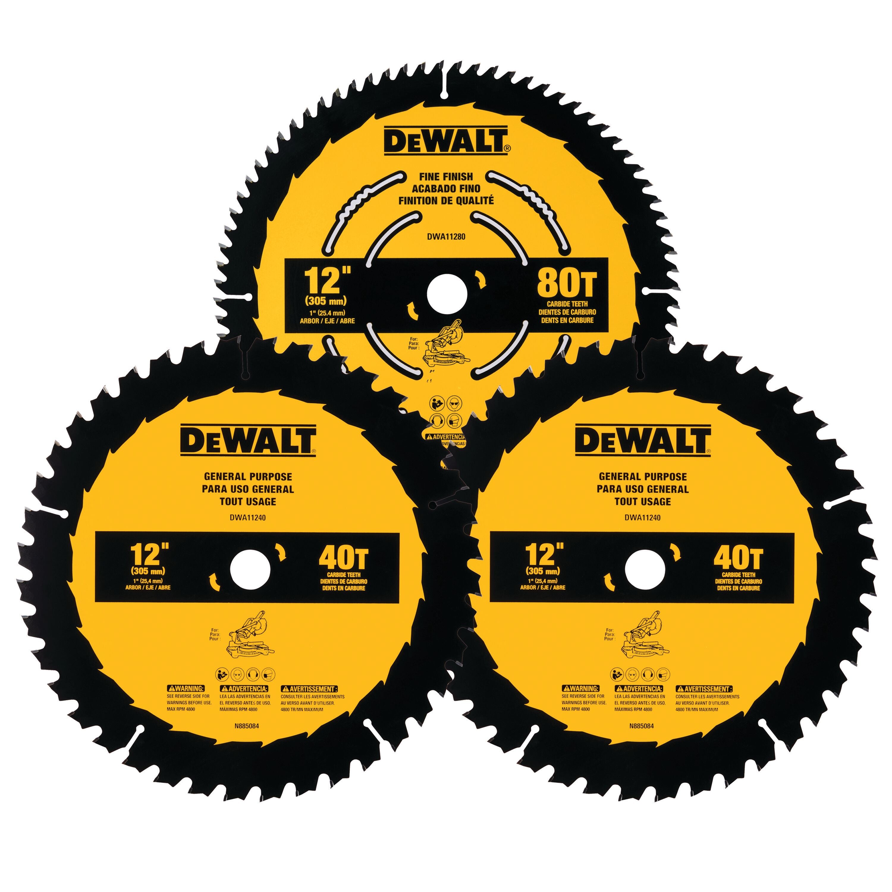 DEWALT, DeWalt  DWA112CMB3  -  ONE BLADE 12 IN 80T & 2 X 40T SAW BLADE 3 pc set