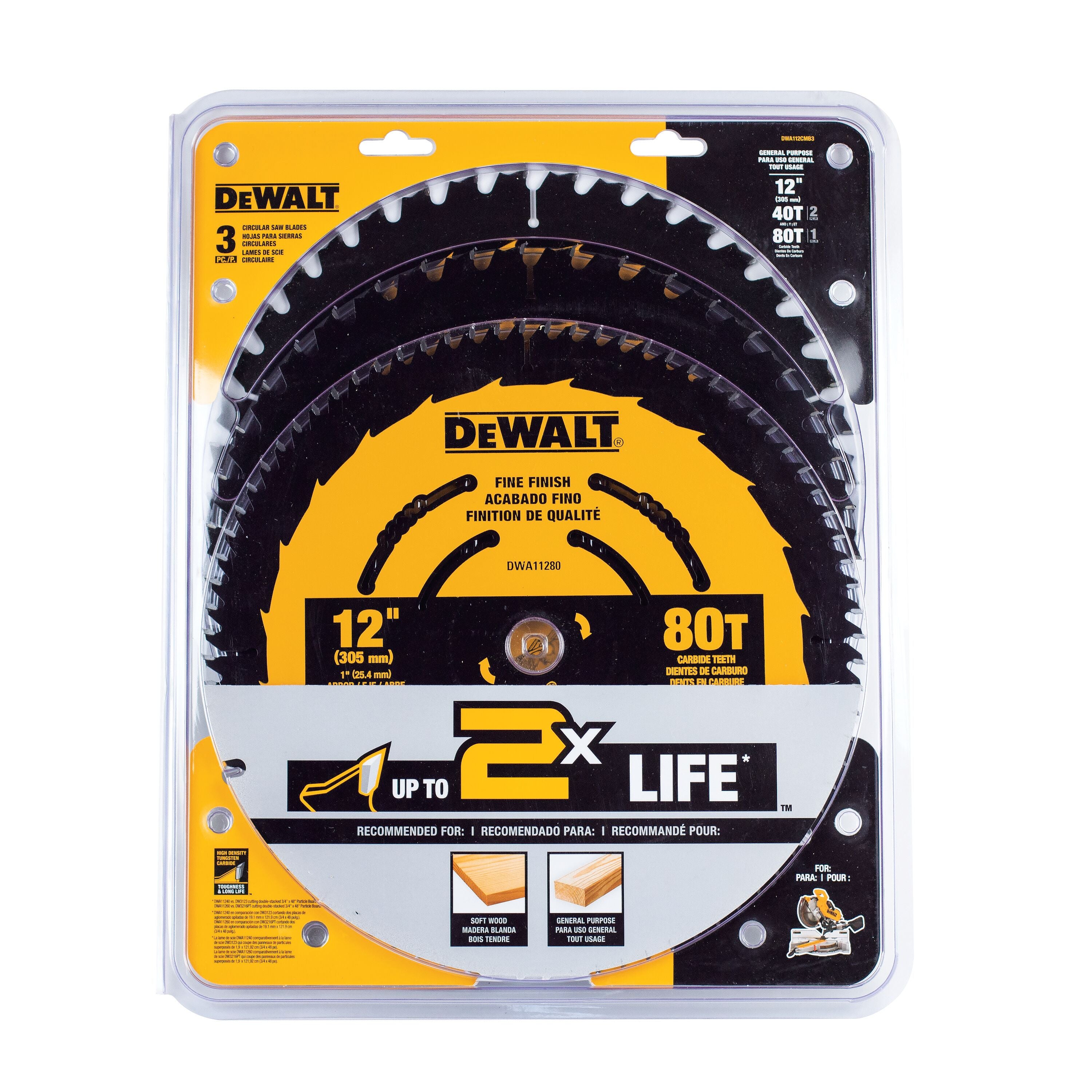 DEWALT, DeWalt  DWA112CMB3  -  ONE BLADE 12 IN 80T & 2 X 40T SAW BLADE 3 pc set