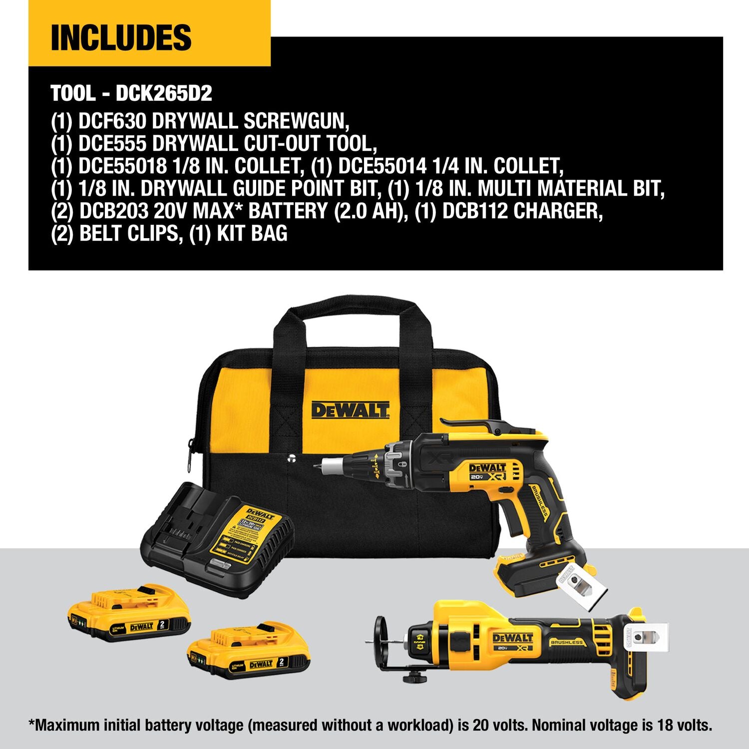 DEWALT, Dewalt DCK265D2 - 20V MAX* XR® Brushless Drywall Screwgun and Cut-Out Tool Combo Kit (2.0Ah)