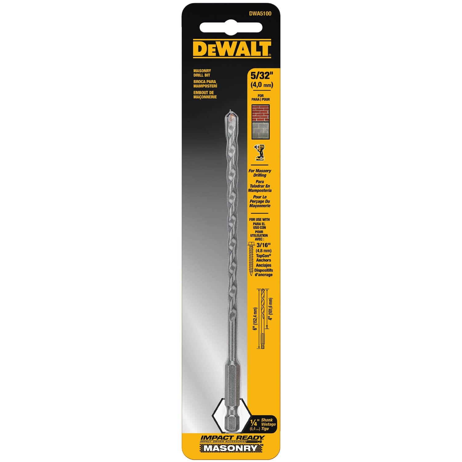 DEWALT, Dewalt DWA5100 - 5/32X4X6IN IMPACT RDY MASONRY BIT