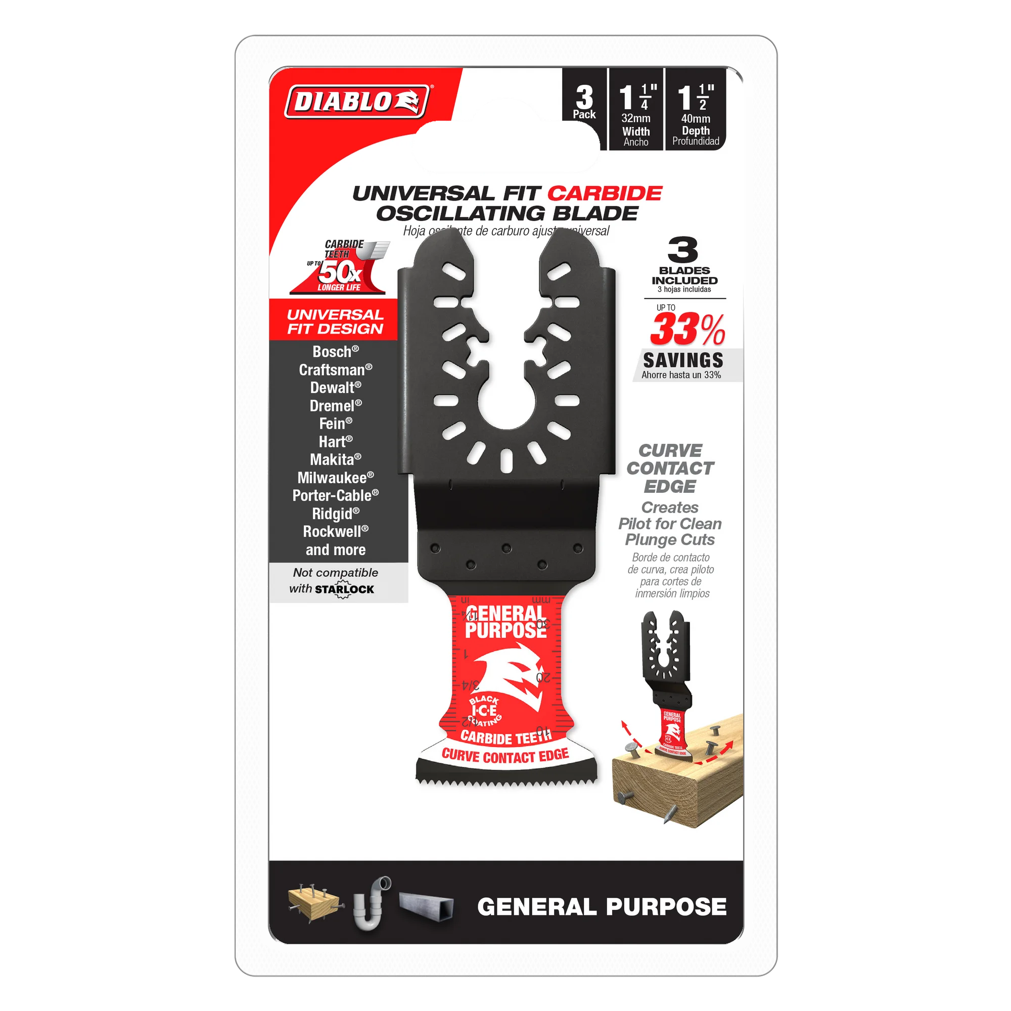 DIABLO, Diablo DOU125CGP3- 1-1/4 in. Universal Fit Carbide Oscillating Blade for General Purpose Cuts  -  3PK