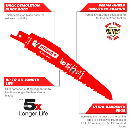 DIABLO, FREUD DS0908BFD200 -  9 in. Bi-Metal Recip Blade for Thick Metal/Demolition - 200 Pack