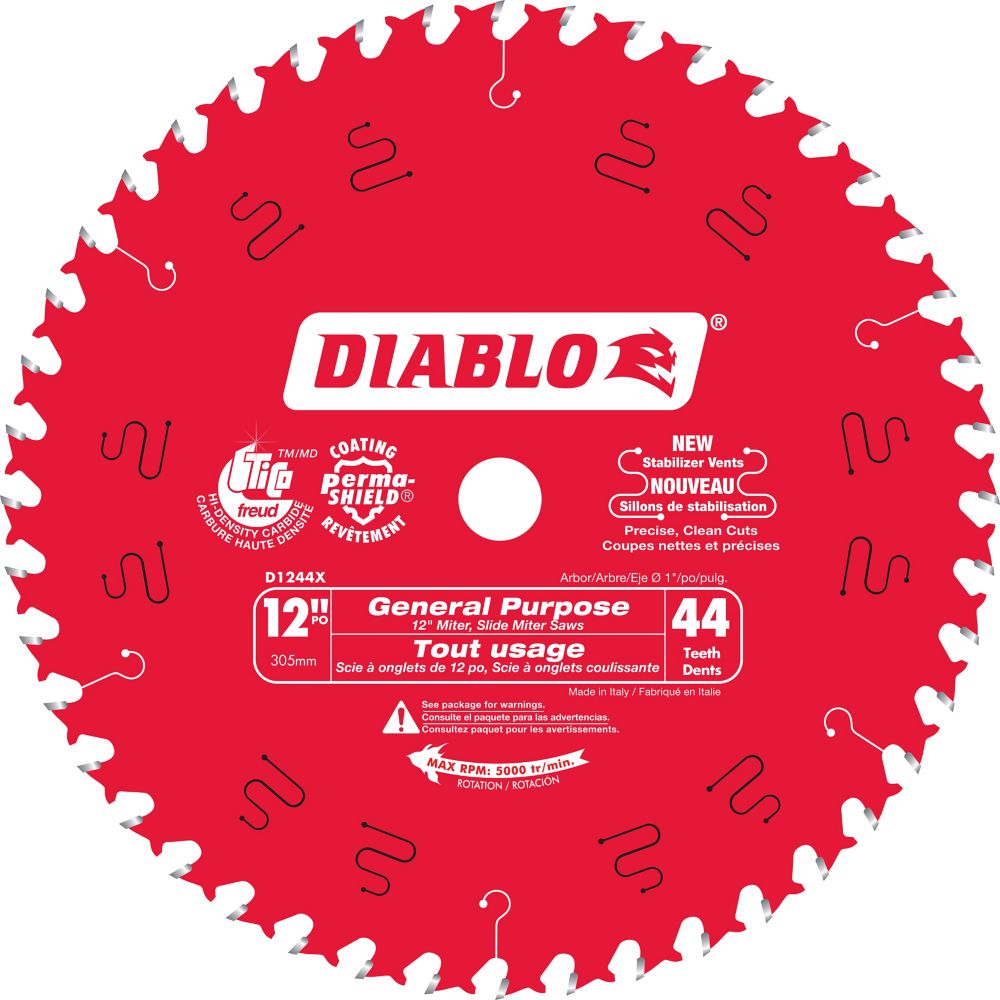 FREUD, Freud D1244X Diablo 12-Inch 44 Tooth ATB General Purpose Miter Saw Blade with 1-Inch Arbor