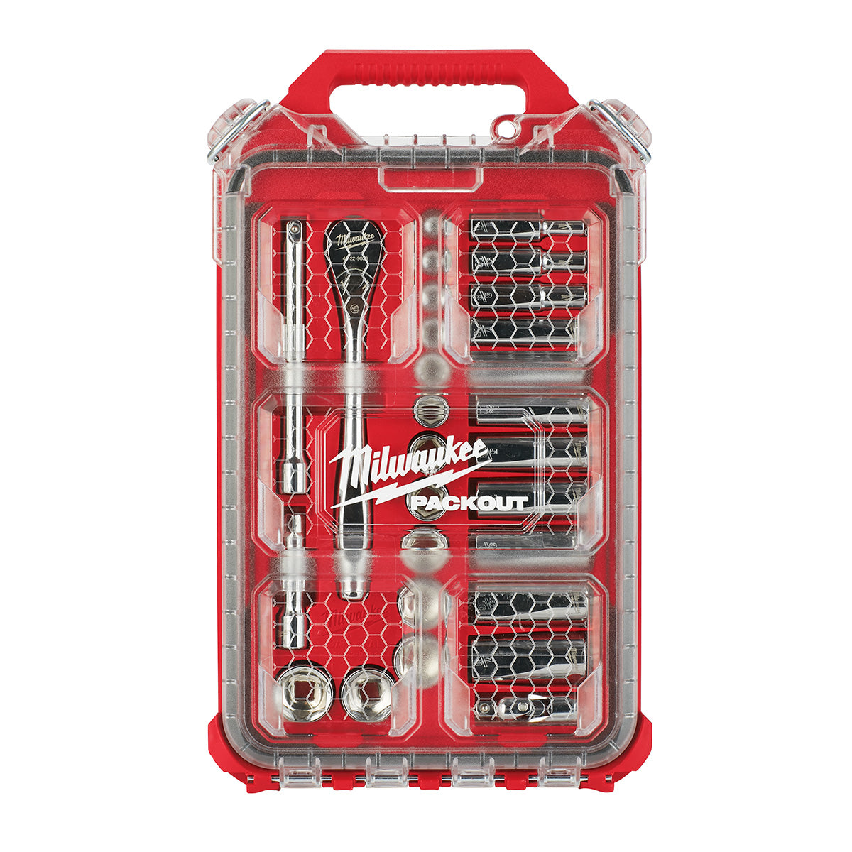 MILWAUKEE, Milwaukee 48-22-9481 3/8” Drive 28pc Ratchet & Socket Set with PACKOUT™ Low-Profile Compact Organizer - SAE