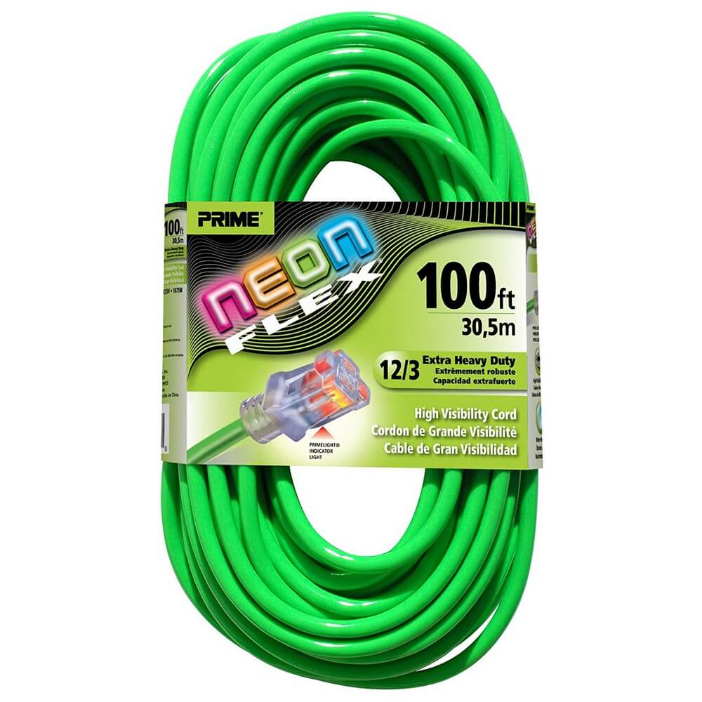 PRIME, Prime NS512835 100-Foot 12/3 SJTW Flex High Visibility Extra Heavy Duty Outdoor Extension Cord with Prime light Indicator Light, Neon Green